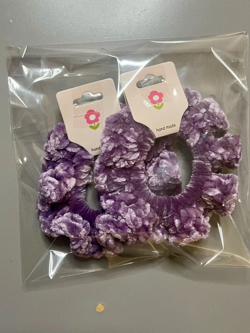 Set of 2 Purple Velvet Crochet Scrunchies Handmade NWT Chenille Hair Ties